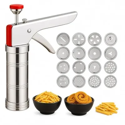 Stainless Steel Kitchen Press, Idiyappam Maker Machine with 15 Different Types of Jalies, Murukku Machine, Bhujiya Maker, Noodles